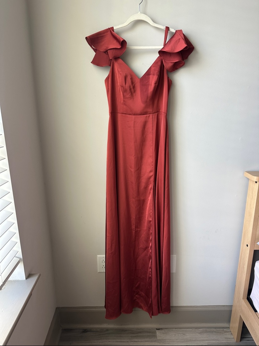 Azazie Red Ruffle-Shoulder V-Neck Maxi Dress